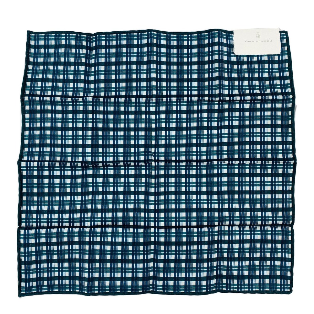 Brunello Cucinelli Blue Green Thin Check Cotton‎ Silk Mens Pocket Squares NWT
